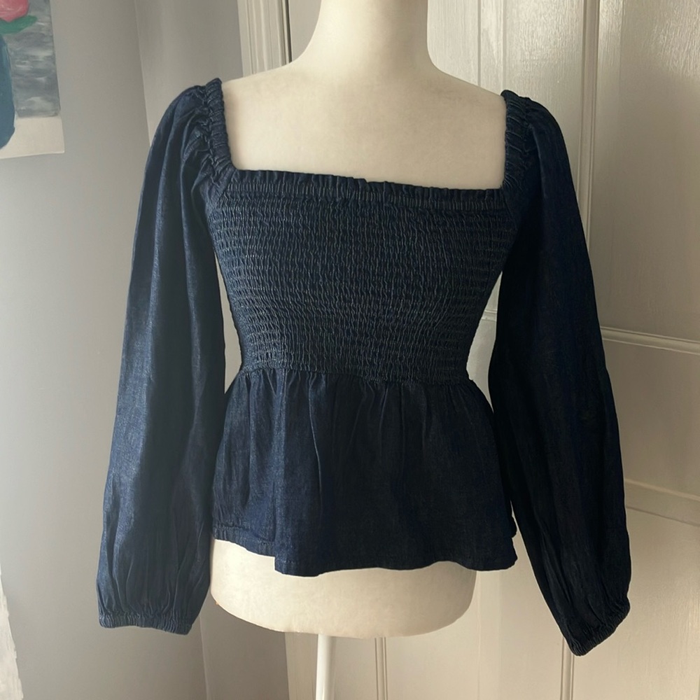 J Crew boho preppy square neck peplum fitted denim top S NWOT